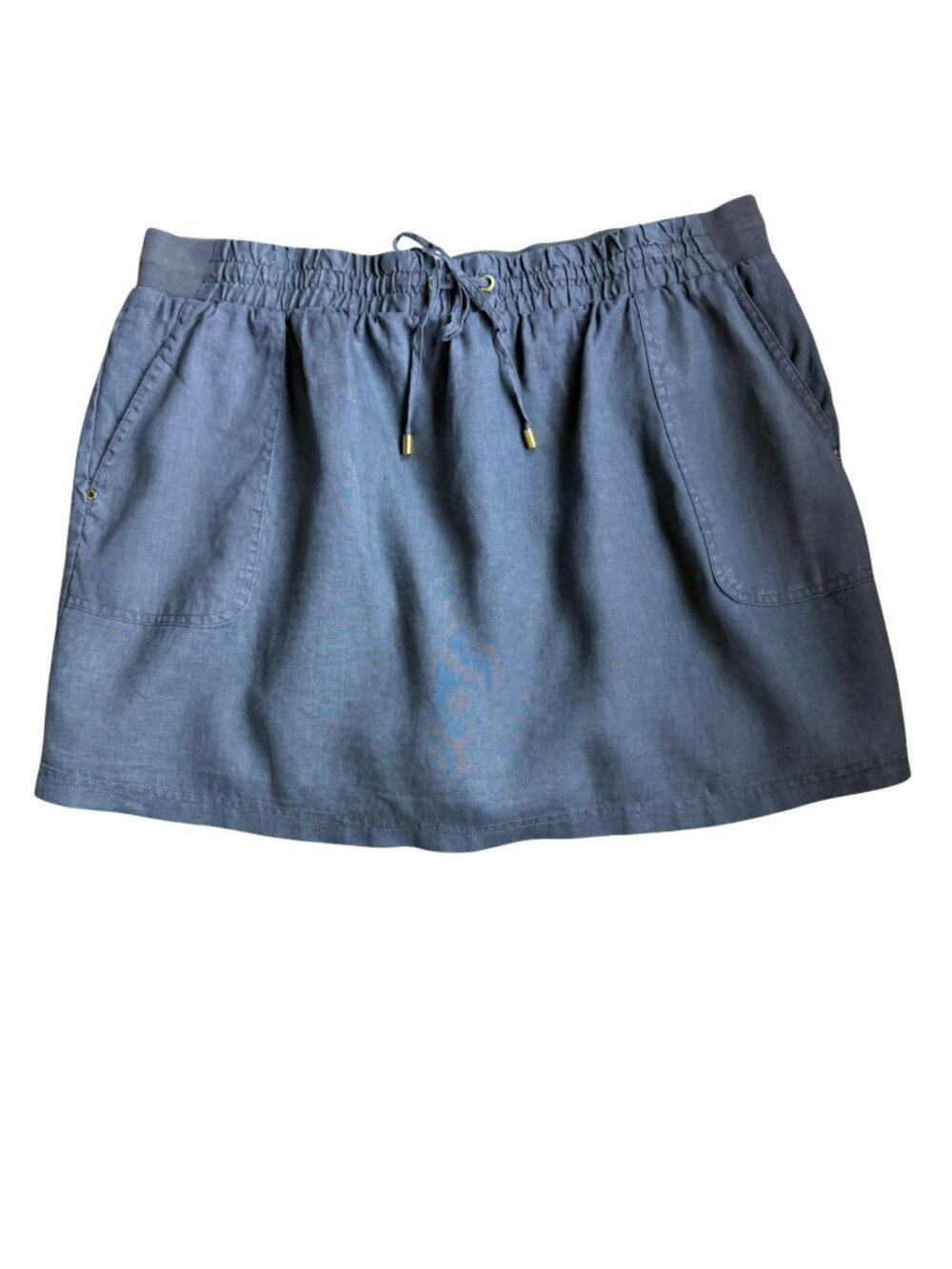 Ellen Tracy 100% Linen Skort XL Gray Blue Pull On Elastic Waist Pockets